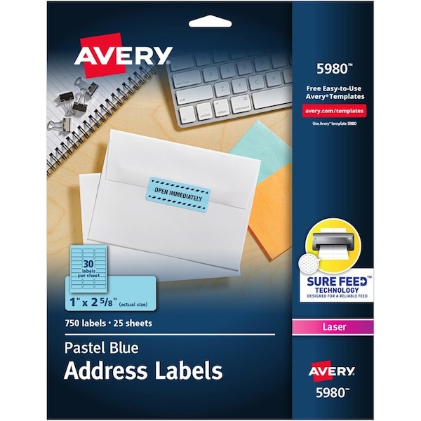 Avery Label, Pastel, Perm, 1X2.5, Be 750PK AVE5980 - main